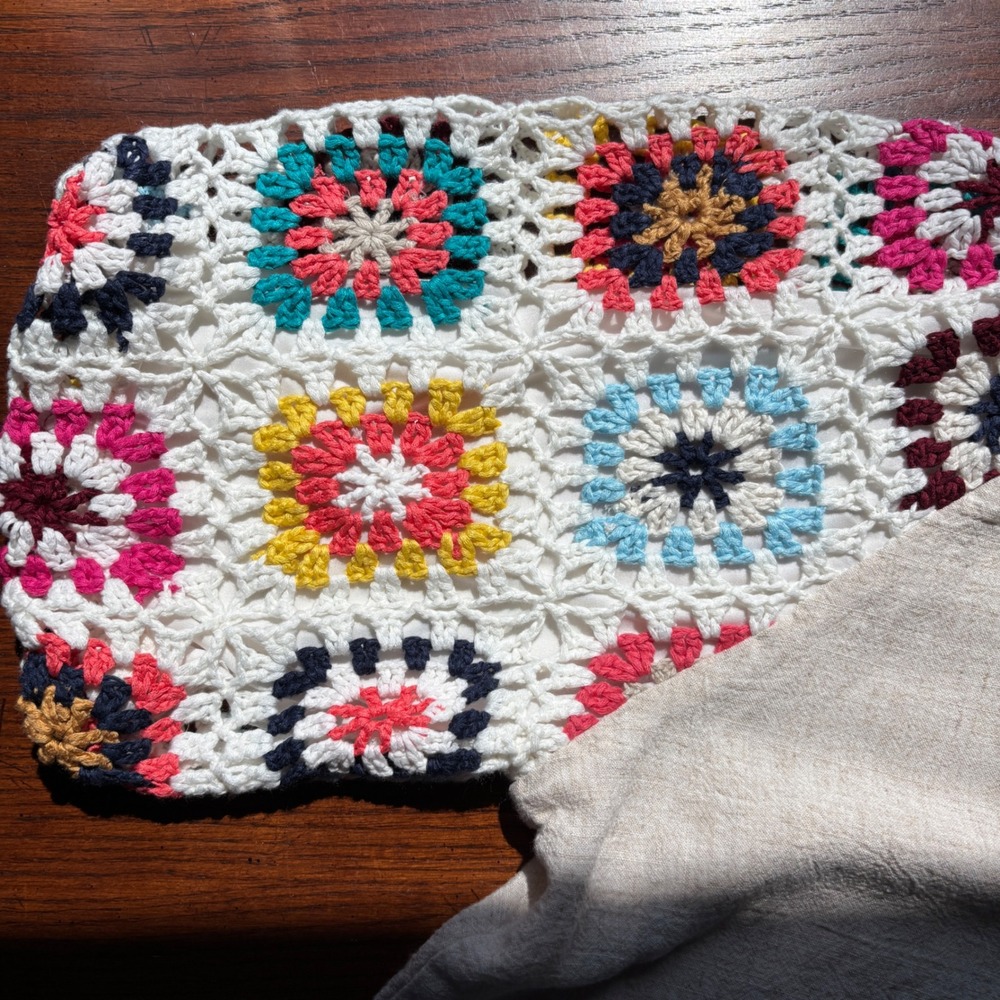Umgee Linen Blend Crochet Boho Granny Square Sleeve Blouse Top Tan Multi L A0382 - Picture 6 of 12